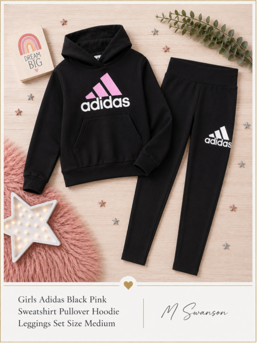 Adidas Girls Black Pink Hoodie Sweatshirt Leggings Set Medium